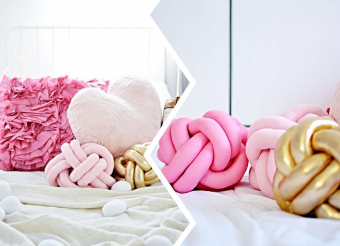 koza yatak odası dekorasyonu, pembe kumaş ve polyester elyaftan düğümlü minder nasıl yapılır