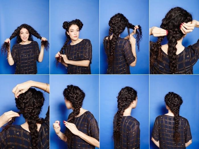 garbanotų plaukų šukuoseną lengva pasiekti, pamoka su instrukcija padaryti didelę pynę ant ilgų garbanotų plaukų