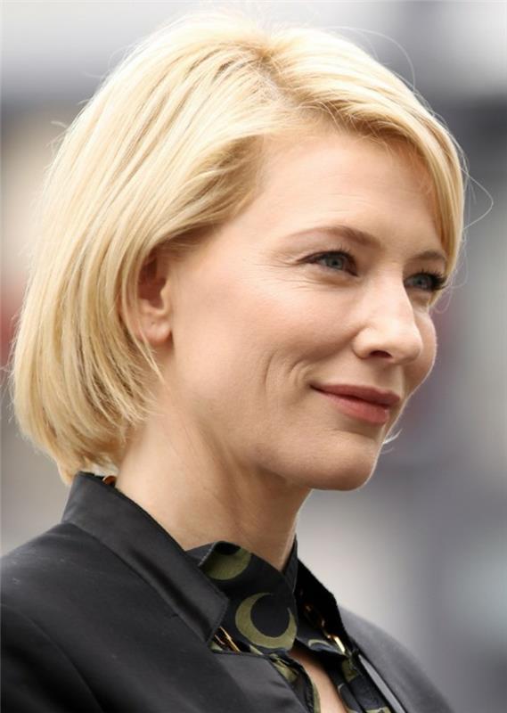trumpas šviesus kirpimas, šukuosenos ovaliam veidui, šviesiaplaukė Cate Blanchett