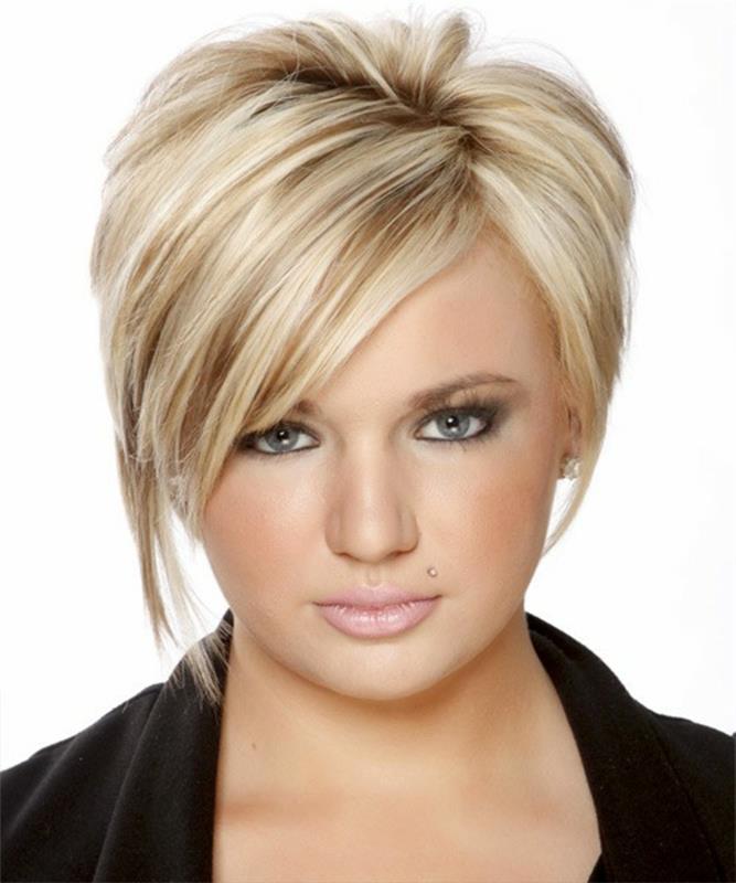 kratka frizura, asimetrična blondinka s stranskimi šiškami in delno odprtim čelom