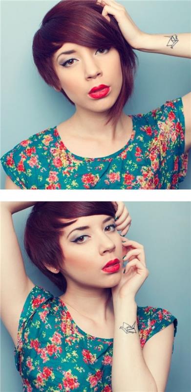 kısa kadın kızıl saç boyama, modern asimetrik saç modeli fikri, uzun patlama