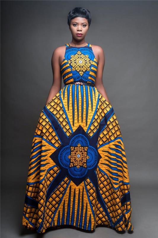 primer dolge obleke iz etničnega blaga, modna ženska oblačila v afriškem slogu, primer modre in oranžne obleke s pasom