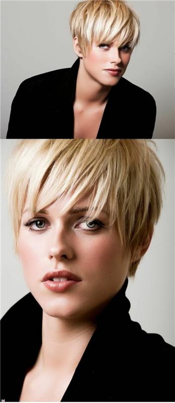zelo kratka pixie frizura za ženske s svetlimi in temnejšimi blond lasmi, kratka frizura, zožene šiške, ki segajo do oči