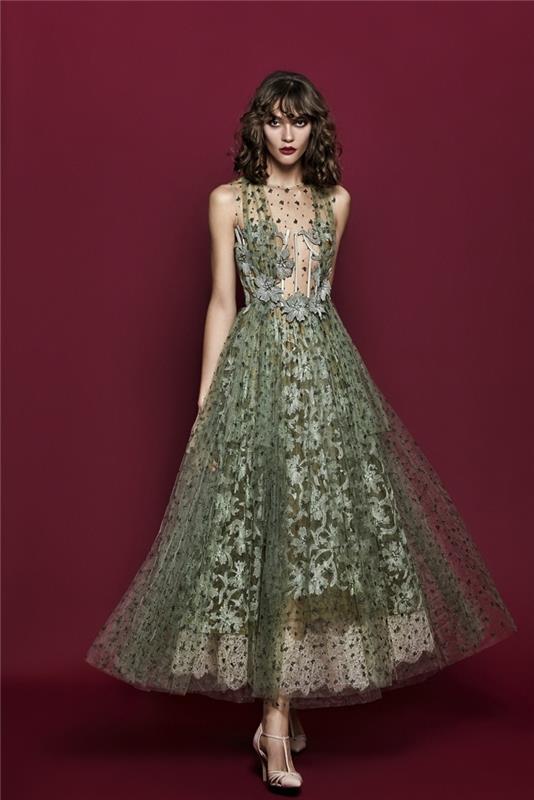 tül ve dantel tasarım uzun kesim ve transparan üst ile yeşil model kadın tören elbisesi
