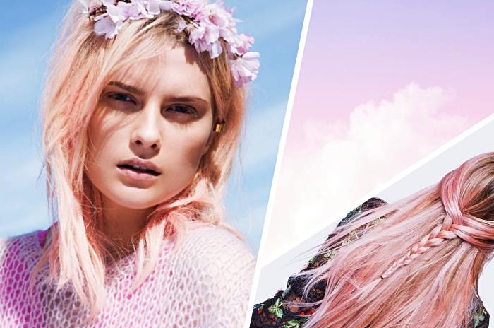 primer medenega ali pastelno roza balayage na srednje rjavih laseh s temno blond koreninami in posvetljenimi konci