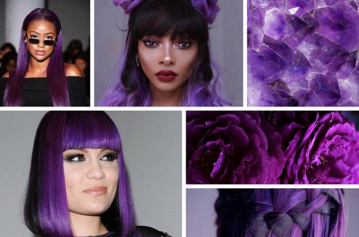 l Oreal dažantys produktai itin violetiniams plaukams, Jessie J šukuosena juodais ir violetiniais plaukais su kirpčiukais