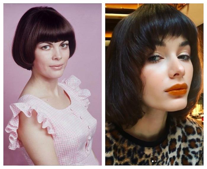 retro elegantna pričeska mireille mathieu s kvadratno žogo s šiško pričeska ravni lasje