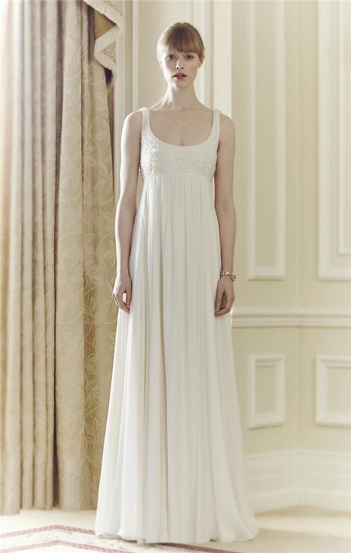 elegantna in tekoča poročna obleka v slogu imperija z naramnicami, poročna obleka s čistimi linijami