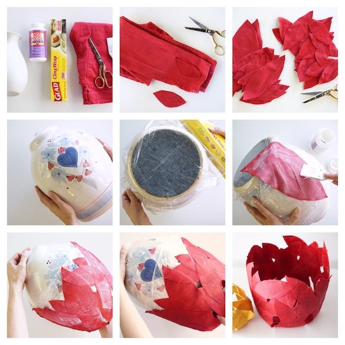 primer imitacije rdeče košare jesenskih listov, ideja recikliranja rdečih kavbojk za jesensko dekoracijo