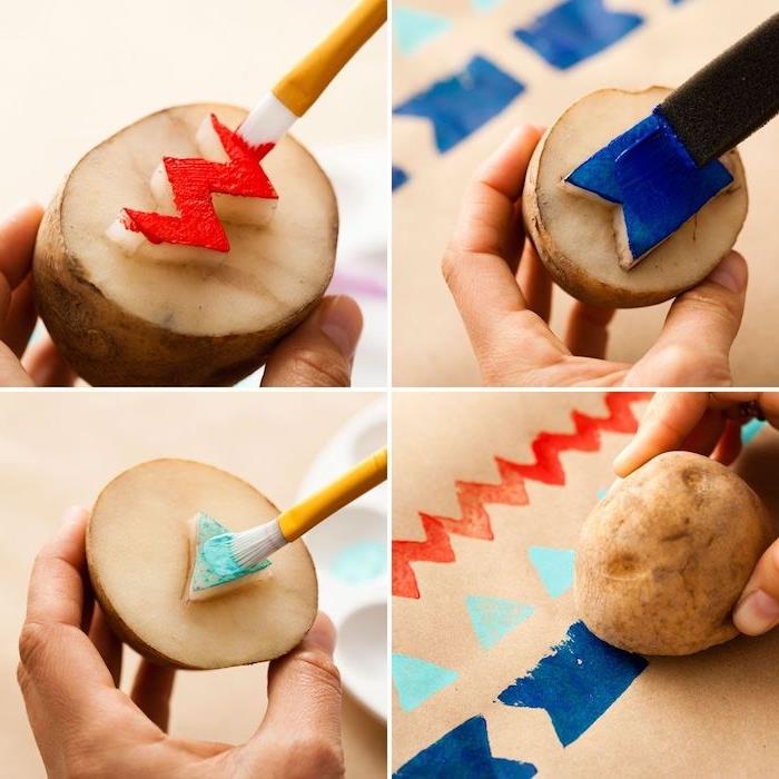 supjaustykite geometrinius modelius bulvėse, kad vaikų piešimo tapybos darželis būtų lengvas ir kūrybingas „pasidaryk pats“ idėjos