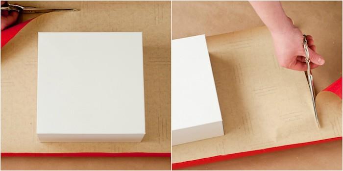 kaip supakuoti dovaną, klasikinė idėja, supjaustyti popierių, kad jis atitiktų dėžutės matmenis