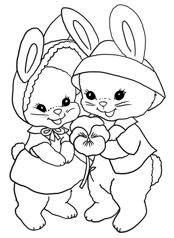 Yazdırılacak Paskalya boyama sayfaları, boyamak için iki Paskalya tavşanı çizimi, çocuklar için kolay boyama örneği
