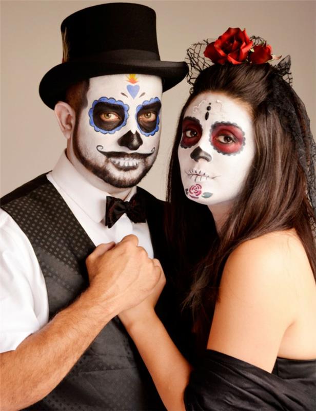 meksika cadılar bayramı makyajı, silindir şapka, siyah ve mavi daireler, bıyık ve dişler, örgü şapkalı kadın