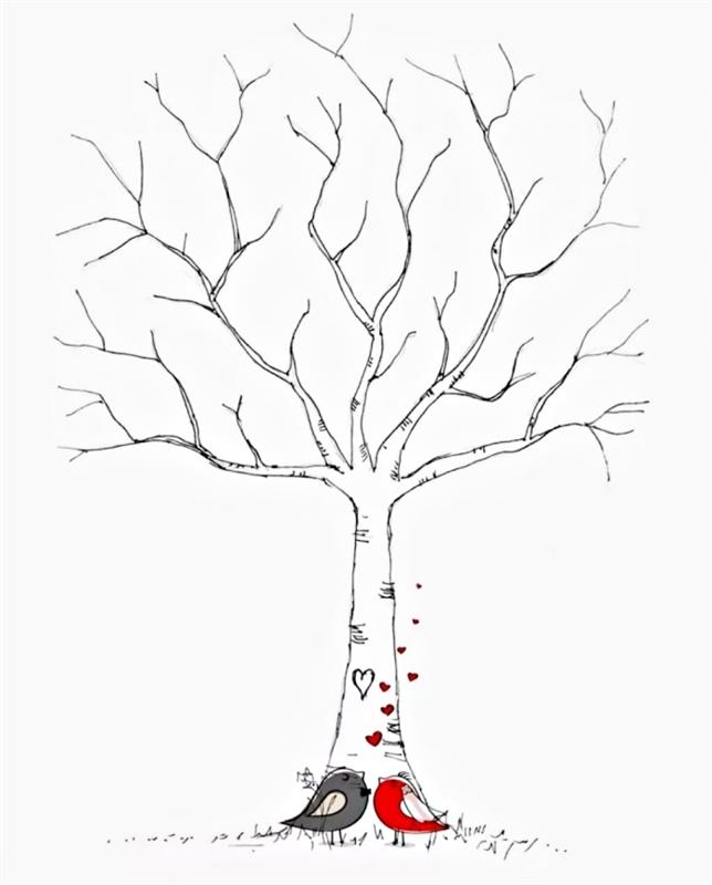 zaljubljene sive in rdeče ptice pred drevesom brez listov, enostavna risba za poročni tematski ustvarjalni projekt