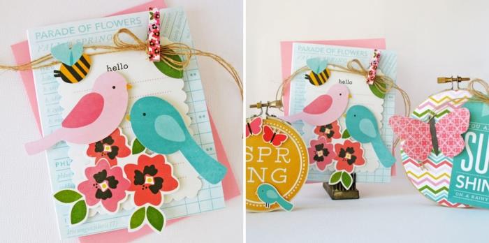 lengva „scrapbooking“ idėja, „pasidaryk pats“ kortelės šablonas su spalvotu popieriumi ir paukščių bei gėlių figūrėlėmis