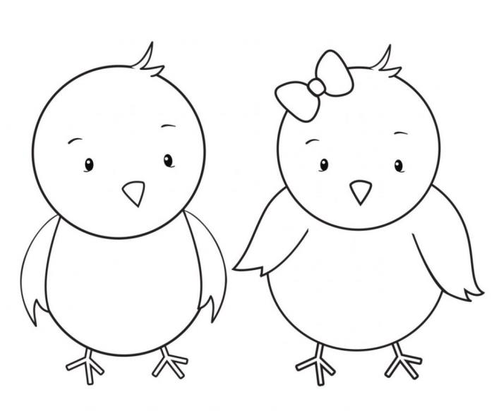 küçükler için kolay paskalya çizimi, iki tavuklu basit bir boyama örneği, yazdırması kolay çizim
