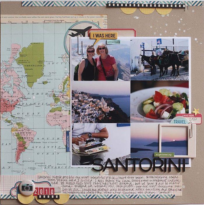 Pasaulio žemėlapis ir nuotraukų koliažas iš atostogų Santorini mieste, padarykite daug nuotraukų, fotografijos iškarpų medžiaga, sudarykite kelionių žurnalą