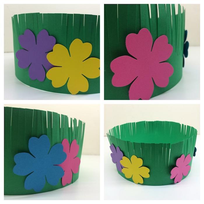 kako narediti cvetlično krono z resicami iz papirnatega traku z nalepljeno dekorativno pisano rožo