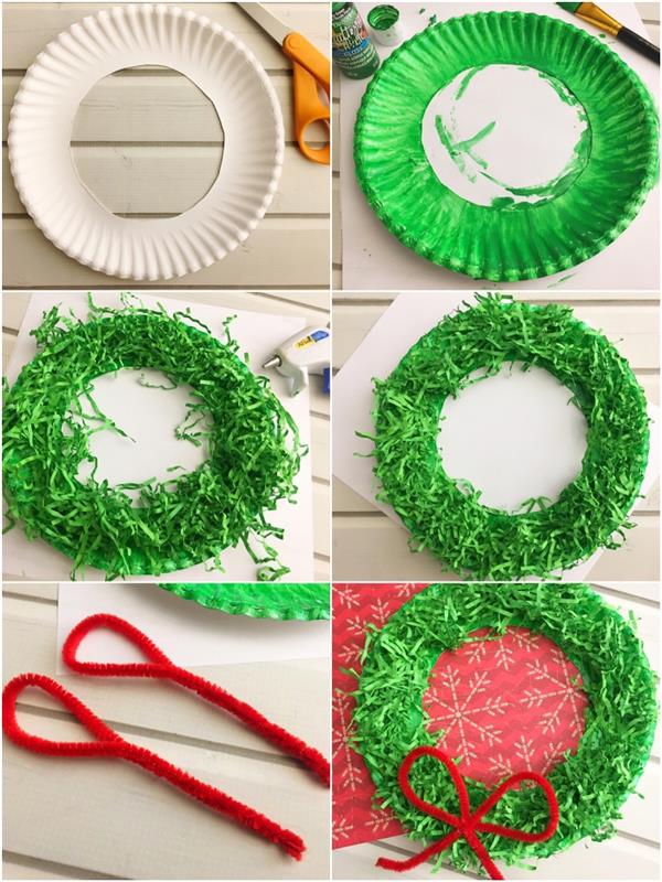 Kalėdinė dekoracija, pagaminta iš perdirbto popieriaus, kalėdinis vainikas, kurį pasigaminsite iš supjaustytos kartoninės lėkštės, padengtos suplėšytu žaliu popieriumi