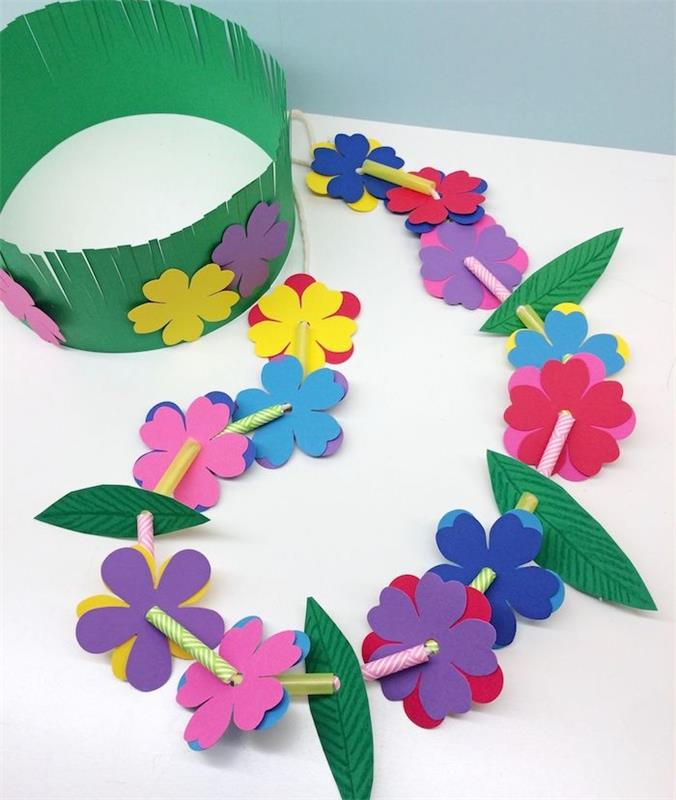 gėlių popieriaus vainikas iš žolės popieriaus galvos apdangalo ir popierinių gėlių dekoracijų, šiaudų karoliai ir popierinės gėlės