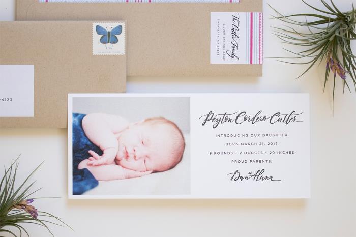 ucuz bir doğum duyurusu nasıl yapılır, fotoğraf ve doğum tarihi ile bebek doğum duyuru kartı şablonu