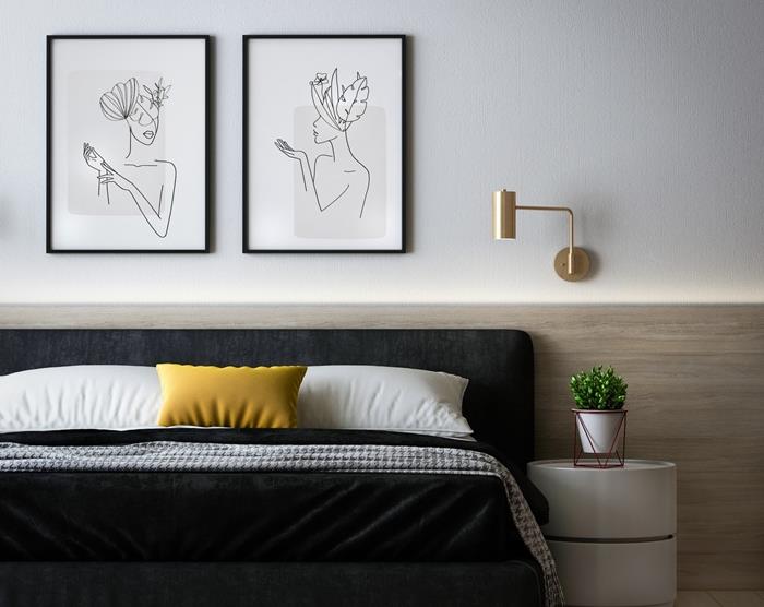 hardal sarısı yastık yetişkin yatak odası düzeni minimalist tarzı duvar kaplama ahşap paneller altın duvar lambası