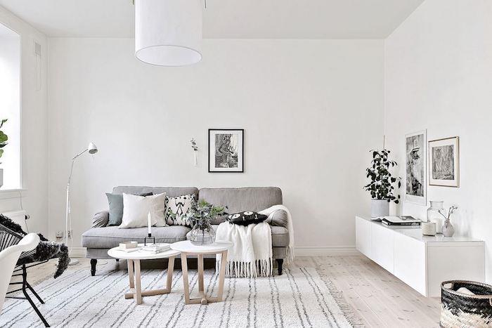 siva dekoracija dnevne sobe, z belimi stenami, sivim kavčem, belimi okrasnimi blazinami, modro -črno belo -sivo preprogo, lahkim parketom, lesenimi mizicami, črnim kovinskim stolom