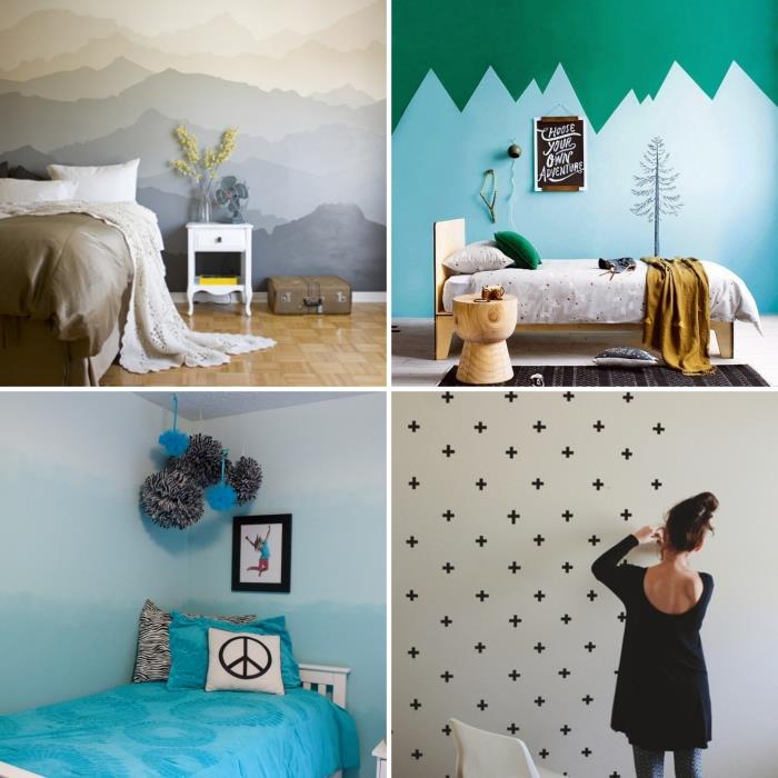 DIY boya duvarları veya kendinden yapışkanlı çıkartmalar ile koza yatak odası dekor fikri, açık renkli ahşap mobilyalarla kızın yatak odası dekoru