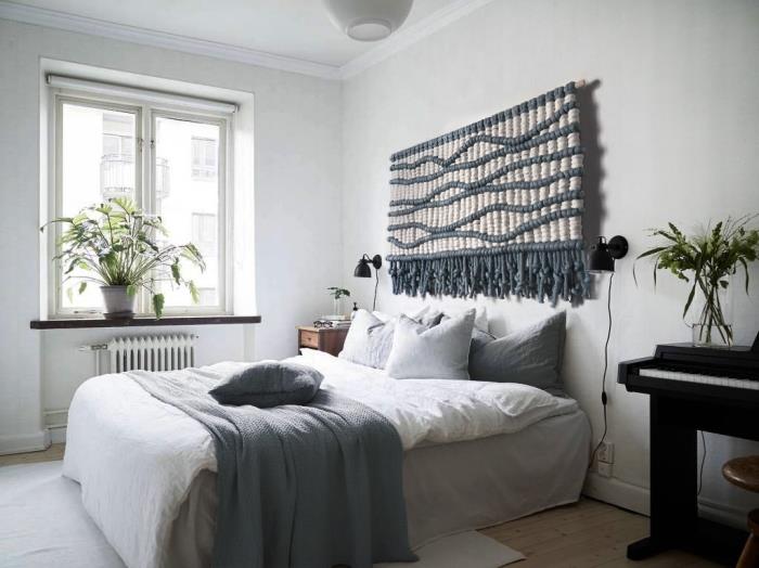 gri yatak örtüsü bitki yatak odası başlığı diy gri ve bej halat diy kolye ışık bohem şık stil beyaz ve gri yatak odası dekoru