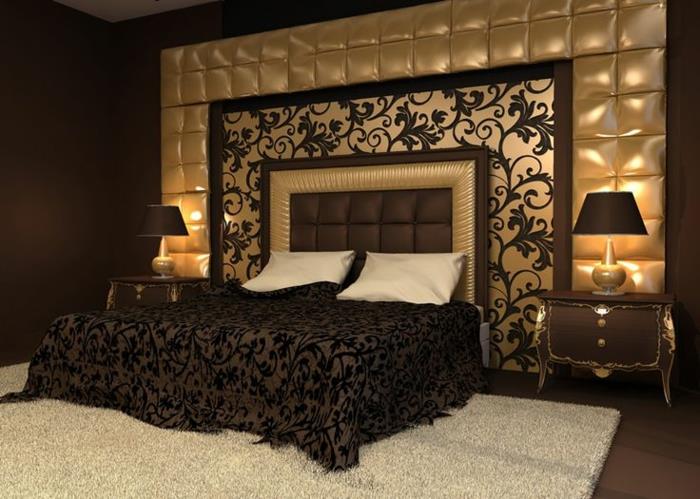sienų dekoravimo augalų motyvai, rudos ir smėlio spalvos galvūgalis, paminkštinta sieninė plokštė, augalinio motyvo lovos užtiesalas