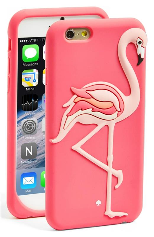 flamingo dodatek za mobilne telefone s pokrovom zaslona v koralni barvi, barvit silikonski dodatek, flamingo z dvignjeno nogo