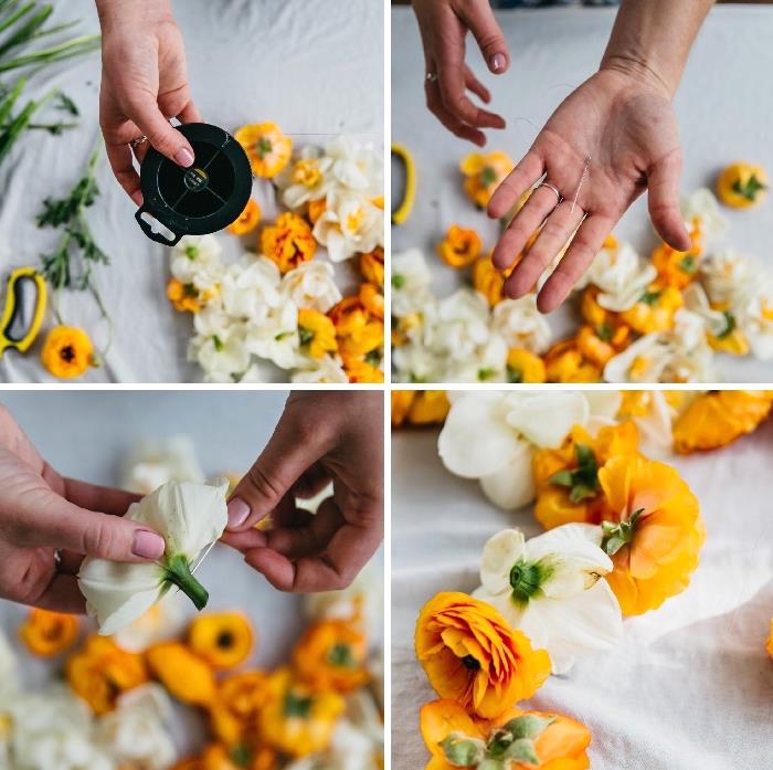 oranžinės ir baltos gėlės, suvertos ant meškerės, girliandos kūrimas, gimtadienio stalo puošmena