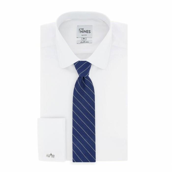 moška kravata-v-grenadinu-svila-in-bombaž-kobalt-modra-z-belimi črtami-spremenjena velikost