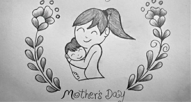 Mama vaikas piešia mamos dieną, idėja, koks piešinys mamai paveikslas įrėmintas gėlių juodu pieštuku ir baltu popieriumi