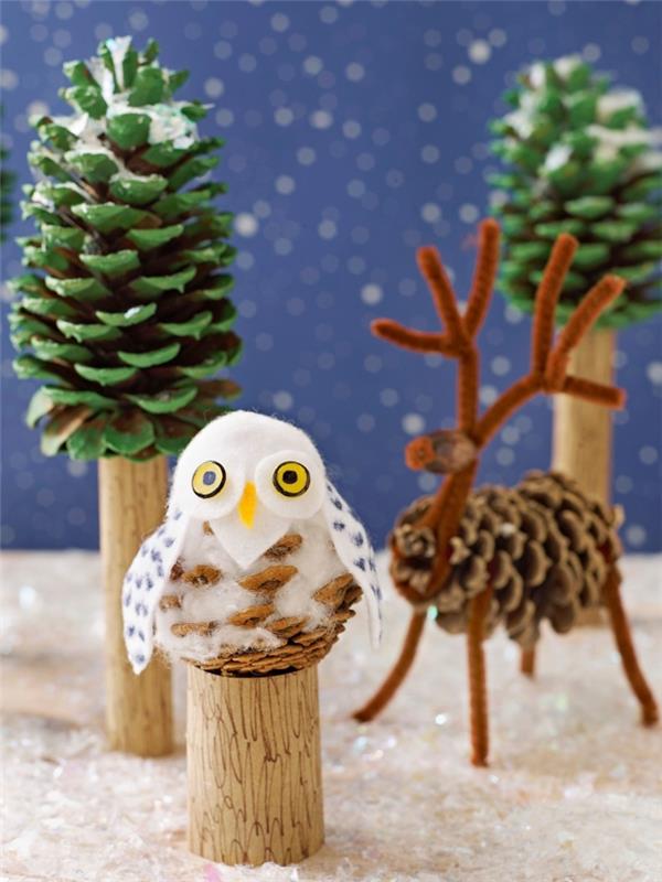 lahka jesensko -zimska ideja ročne dejavnosti, božične obrti za najmlajše, sova iz borovega storža s krili in glavo iz filca