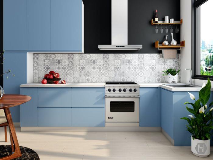backsplash cementne ploščice azulejos tip cvetlični geometrijski vzorci kuhinja modra barva črna barva