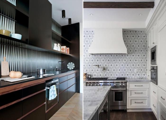 nalepke iz cementnih ploščic, kuhinja z belim stropom in črno pohištvo z zadnjico z modrimi in črnimi geometrijskimi vzorci