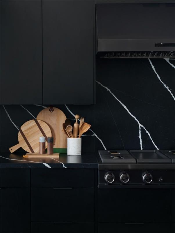 mat siyah mutfak üst üniteleri ve siyah mermer sıçrama ile tamamen siyah görünümlü bir mutfakta çağdaş tasarım
