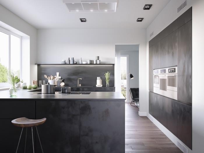 gri ve beyaz mutfak dekoru, açık tasarım u şeklinde mutfak düzeni, çağdaş iç tasarım