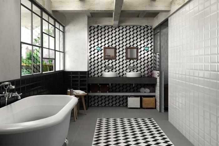 siyah beyaz eski banyo mobilyaları, tüm duvarı kaplayan ve zemin kaplamasının desenlerini kaplayan geri sıçramalı imitasyon grafik çimento karolar
