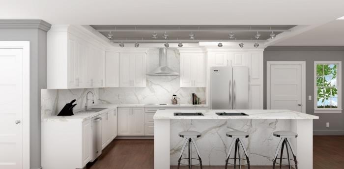gri desenli beyaz mutfakta modern iç tasarım, beyaz ve gri mermer tasarımlı sıçrama fikri