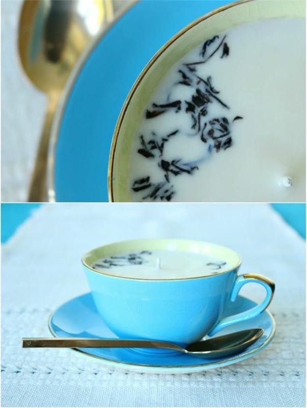 mumlarınızı yapmak için hangi dayanıklı kap, mavi ve altın bir çay bardağında dallarla süslenmiş mum