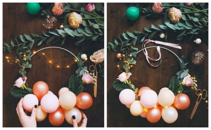 Kalėdinis vainikas durims su dekoratyviniais mini balionais, Kalėdų kamuoliukais, elektros lempomis, tamsiu medžiu