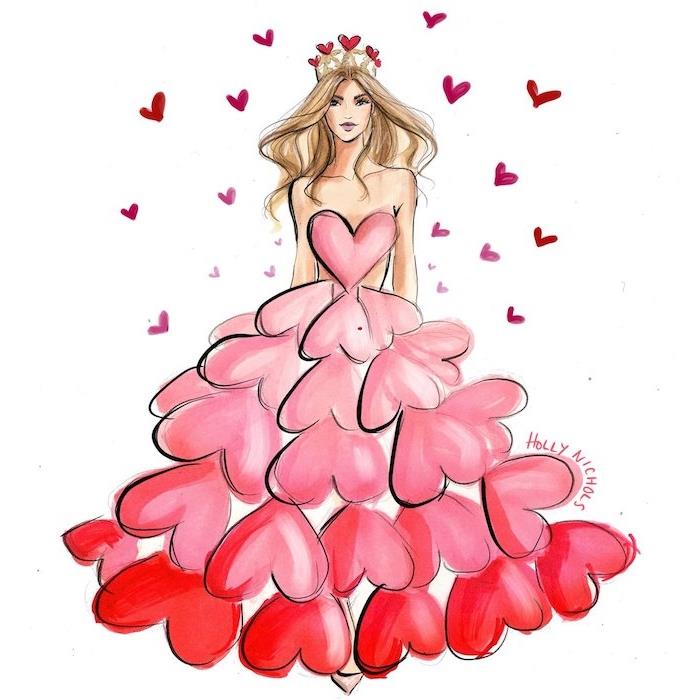 güzel bir model kadının vücudunda kırmızı ve pembe kalplerden oluşan bir elbise fikri, kalplerin tacı ve etrafındaki küçük kalpler