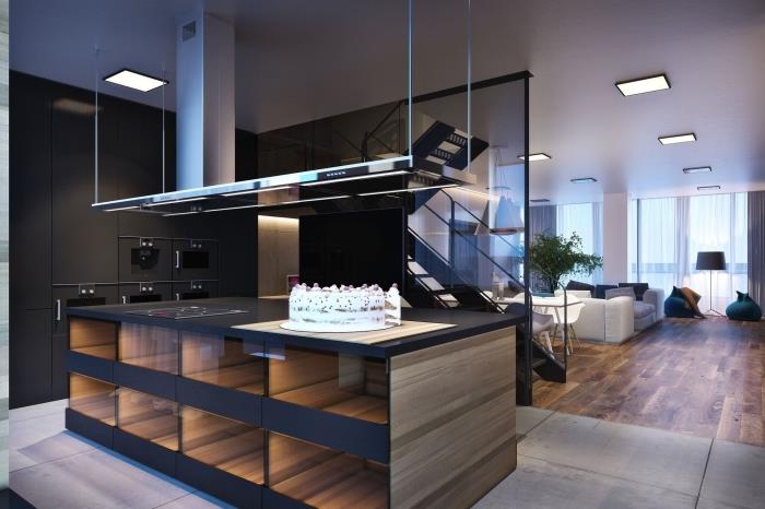 kuhinja, sodobna notranja dekoracija v temnih mat barvah, črna in lesena kuhinja s stekleno pregrado