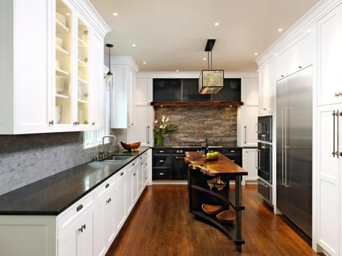 mutfağınızı yenileyin, siyah mutfak tezgahı, cam sarkıt lamba, çift buzdolabı, mevcut mutfak