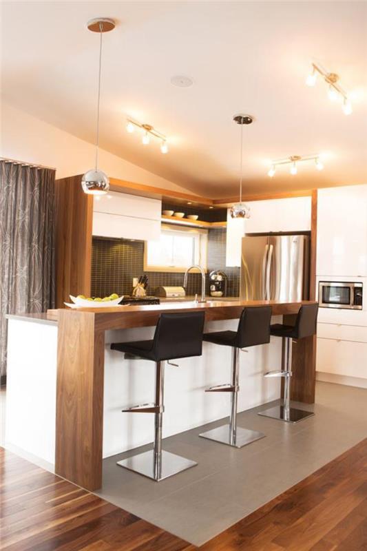 balta ir medinė virtuvė-moderni virtuvė-įranga