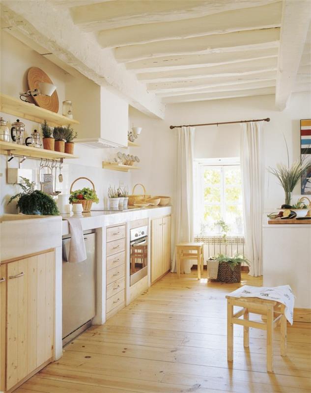 ahşap mutfak makyajı, ahşap duvar rafları, hazır mutfak, yeşil otlar, beyaz havlu, hasır sepet