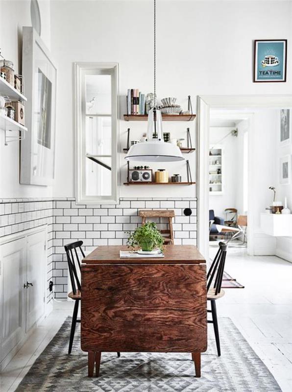 baltos ir medinės virtuvės sulankstomos medinės lentelės baltos sienos plytelės
