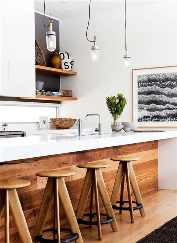 balta ir medinė virtuvė-medinė-baro kėdės